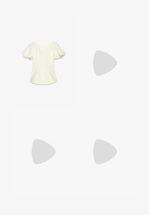 Cream-colored blouse with short puff sleeves, gathered neckline, and side pleats, made from smooth fabric with a soft texture.; Wide-leg trousers in cream fabric with a smooth texture, featuring a single front button, subtle pleats, and a high waist design.; Brown leather loafers with a flat sole, a stitched design, and a gold-tone buckle detail on the strap across the vamp.; Navy blue synthetic leather handbag with a gold-tone logo, zip closure, and adjustable shoulder strap, featuring a smooth texture and rectangular shape.