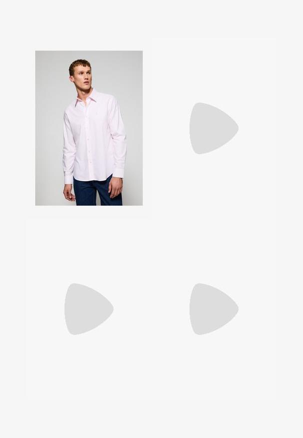 Light pink long-sleeve shirt with white stripes, button-up front, fold-down collar, and small embroidered logo on the chest.; Beige shorts made of cotton with an elastic waistband, drawstring closure, side pockets, and stitched hem details.; Brown leather loafers featuring a rounded toe, stitched detailing, and a decorative metal buckle accent on the front. Rubber sole.; Tortoiseshell sunglasses with brown lenses, rectangular shape, and metal accents on the frame. Sleek design with thin arms.; Burgundy patent leather crossbody bag with a rectangular shape, two straps, silver hardware, and a flap closure.; Rectangular rose gold watch with a white dial, minimalist hour markers, and a linked metal bracelet. Features a crown on the right side.