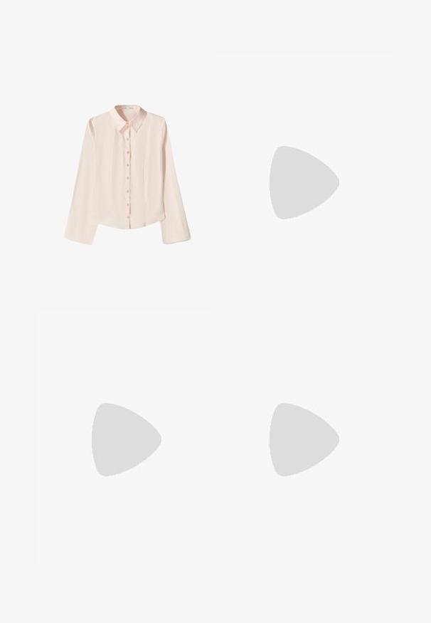 Blouse rose clair à manches longues avec un col pointu et une fermeture à boutons sur le devant. Présente un ourlet légèrement arrondi et une finition en tissu texturé.; Pantalons larges bleu marine en tissu lisse avec une fermeture à boutons, deux poches avant et des plis marqués pour plus de structure.; Chaussure de course avec un dessus en maille blanche et grise, accentuée par des détails noirs et des rayures bleues. Semelle épaisse avec traction en caoutchouc. Design léger.; Lunettes en écaille de tortue avec monture ovale, verres transparents et accents dorés. Elles possèdent des branches courbées et une finition lisse et brillante.