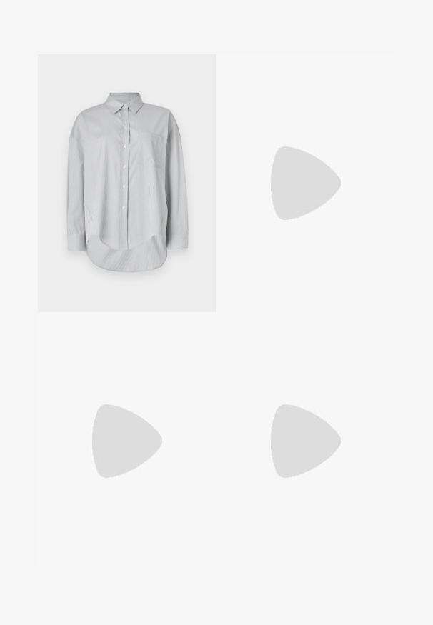 Camisa de botão cinza claro feita de um tecido suave. Apresenta finas riscas verticais, um bolso no peito e um hem profundo. Mangas longas.; Jeans largos de lavagem azul escura feitos de denim, com uma cintura alta, design de cinco bolsos e um leve desbotamento na barra. Fecho padrão por botão.; Sandal com biqueira afilada em couro preto, com cinta no tornozelo e salto grosso. Textura lisa, design elegante e estética minimalista.; Bolsa tote preta em couro com textura lisa, forma retangular e duas alças longas. Sem hardware ou enfeites visíveis.