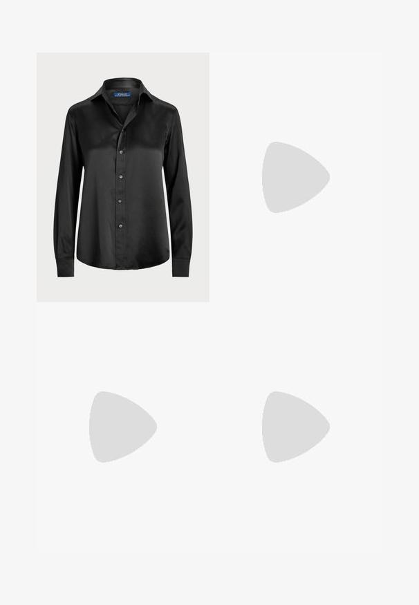 Zwarte longmouwen shirt van soepele stof, met een knoopsluiting aan de voorkant, puntige kraag en een getailleerde pasvorm met een ronde zoom.; Zwarte kanten rok met bloemmotieven, decoratieve rhinestones, een geschulpte zoom en een aansluitend ontwerp. Hangt op Midden-dij lengte.; Zwarte leren slingback schoen met scherpe neus, kleine hak en decoratieve gespdetails op de bovenkant. Stijlvolle textuur, minimalistisch ontwerp.; Zwarte leren schoudertas met twee vo pockets, gouden gespen, ritsluiting en een smalle band. Tekstuur oppervlak en compacte rechthoekige vorm.