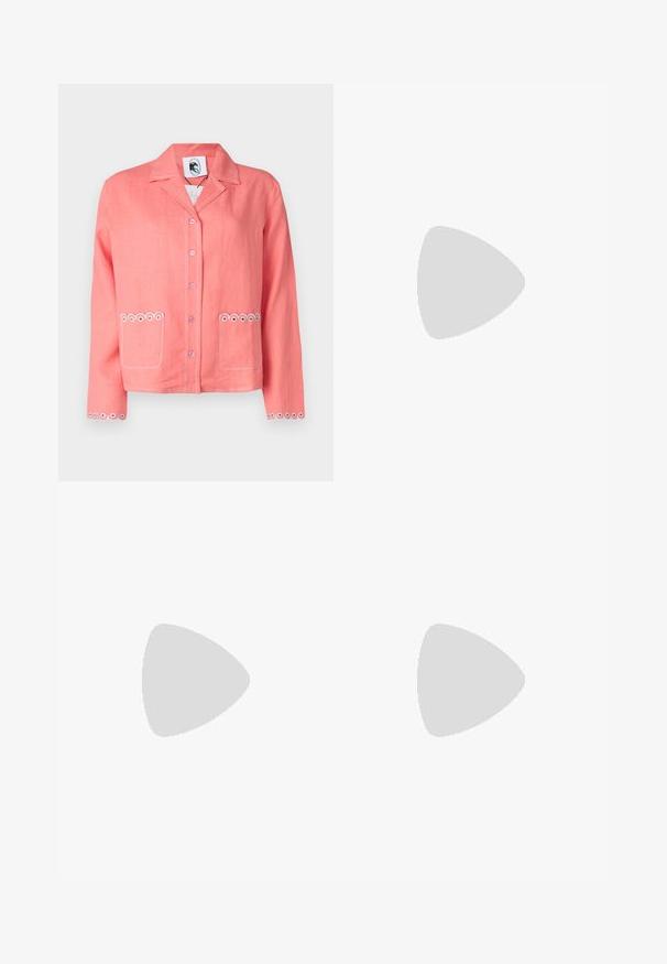 Coral linen jacket with a notched collar, button closure, two front pockets with circular embroidery, and decorative stitching on sleeves.; Light pink linen shorts featuring pleats and a scalloped hem with white and blue accent circles. Includes a front button closure.; Black leather ballet flat with a rounded toe, smooth texture, minimal stitching detail, and a flexible sole design.; Black leather handbag with a curved shape, featuring a decorative design on the front, a short strap, and gold-tone hardware accents.