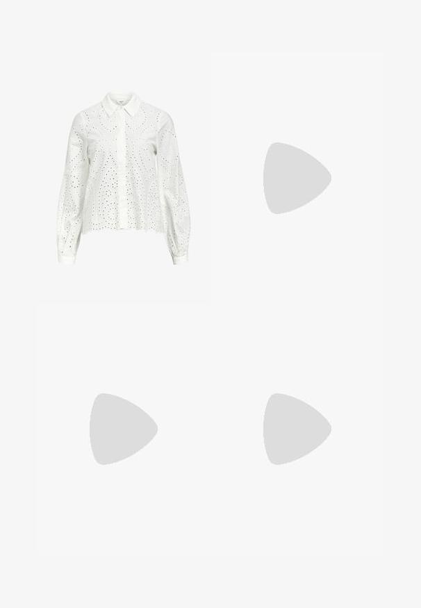 T-shirt cinza de manga curta feito de um tecido suave, apresentando um decote redondo e um design ajustado, sem padrões ou detalhes visíveis.; Camisa branca de mangas longas com gola, apresentando bordados em ilhós com um padrão paisley e fechos de botão na frente.; Jeans de ganga azul escuro, com corte flare e cintura alta, apresentando cinco bolsos, fecho de botão e detalhes de costura visíveis ao longo das costuras.; Sapatilha de couro branca com biqueira perfurada, sola texturizada e atacadores brancos, combinada com calças largas vermelhas e um fundo azul e amarelo.