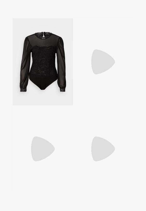 Svart bodysuit med genomskinliga långa ärmar. Utrustad med spetsöverdrag vid den övre framsidan och en hög halsringning med en nyckelhål bakre stängning.; Svarta högmidjade vida jeans med fram- och bakfickor, knappstängning och bälteshällor på en enkel vit bakgrund.; Svarta läderloafers med en slät yta, prydda med en dekorativ rem, rund tå och texturerad sula. Bärs med en lång svart läderkjol.; Silverfärgade hoopörhängen med en minimalistisk design. Cirkulär form, slät yta och tunn profil. Lätta med en polerad finish.