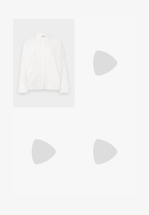 Camisa blanca de manga larga de algodón, con recortes florales bordados y un cuello, con cierre de botones en la parte delantera.; Pantalones grises ajustados con cintura con cordón. Presentan pliegues frontales y un diseño de corte slim. La tela tiene una textura suave.; Vagabond LYKKE - Zapatos de salón con cordones - silver/greige; Pendientes de aro plateados con un diseño minimalista. Forma circular, textura suave y perfil delgado. Livianos con un acabado pulido.