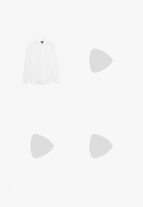 White long-sleeve shirt made of smooth fabric, featuring a button-up front, pointed collar, and rounded hem with buttoned cuffs.; Navy blue linen pants with a relaxed fit, elastic waistband, and single button closure. Features straight legs and minimal texture.; Light grey sneaker made of suede and mesh, featuring three white stripes, round toe, and a gum rubber sole. Gold logo accent near laces.; Black rectangular sunglasses with green lenses, featuring a matte finish, straight temples, and the Ray-Ban logo on the side.