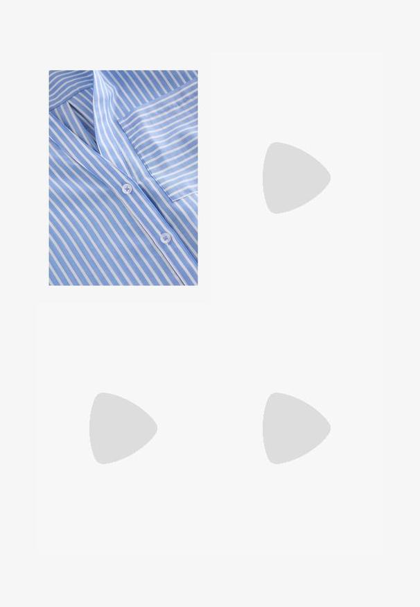 Light blue and white striped button-up shirt, featuring a collared neckline, front pocket, and smooth fabric texture with flat buttons.; Wide-leg trousers in dark gray, featuring a textured fabric, pleated front, and a high waist design with a smooth waistband.; Beige suede high-heeled pump with a pointed toe and a unique geometric heel. Smooth texture with minimal stitching detail.; White leather handbag featuring a curved shape, adjustable strap, and top zipper closure. Smooth texture with minimal hardware details.; Gold hoop earrings with a smooth, rounded shape. Features a shiny finish and a secure clasp mechanism. Bold design with a seamless curve.