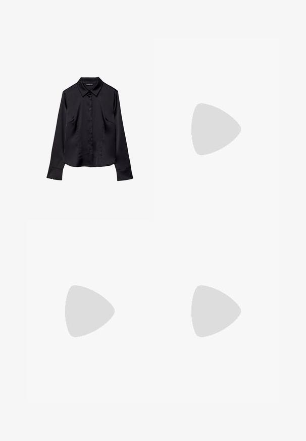 Chemise noire à manches longues en tissu lisse, avec un col pointu, une fermeture à boutons sur le devant et deux poches avant.; Pantalon noir avec une coupe droite, doté de poches avant et d'éclairs sur l'ourlet. Fabriqué en tissu doux et lisse. Convient à diverses occasions.; Bottine noire avec une finition brillante, bout pointu et un large talon carré. Texture lisse avec un design épuré et minimaliste.; Bershka COLOURED - Écharpe - black