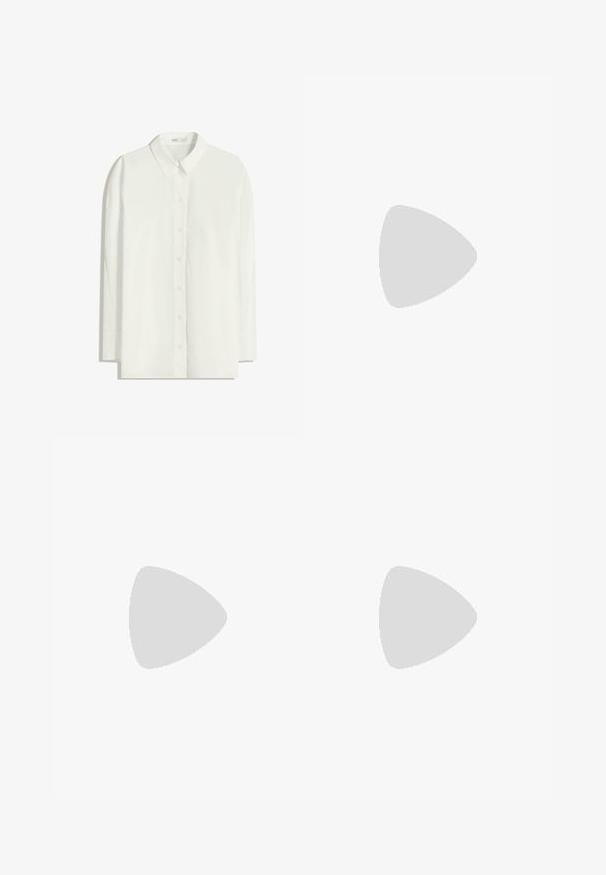 Bela srajca z dolgimi rokavi in gumbi, narejena iz lahkotnega materiala. Ima klasičen ovratnik, ravno spodnje robove in sprednje gumbi.; Hlače širokega kroja v temno sivi tkanini, z gumbnim zapenjanjem, sprednjimi naborki in zankami za pas. Gladka tekstura s prilagojenim dizajnom.; Črne semiš čevlje z zaobljenim nosom, šivi v obliki predpasnika in detajli vezalk. Imajo nizek gumijast podplat za dodatno udobje.; Rjav usnjen potovalni kovček z dvema sprednjima žepoma, nastavljivim ramenskim trakom, zlatim okovjem in trdnimi zgornjimi ročaji. Gladka tekstura.