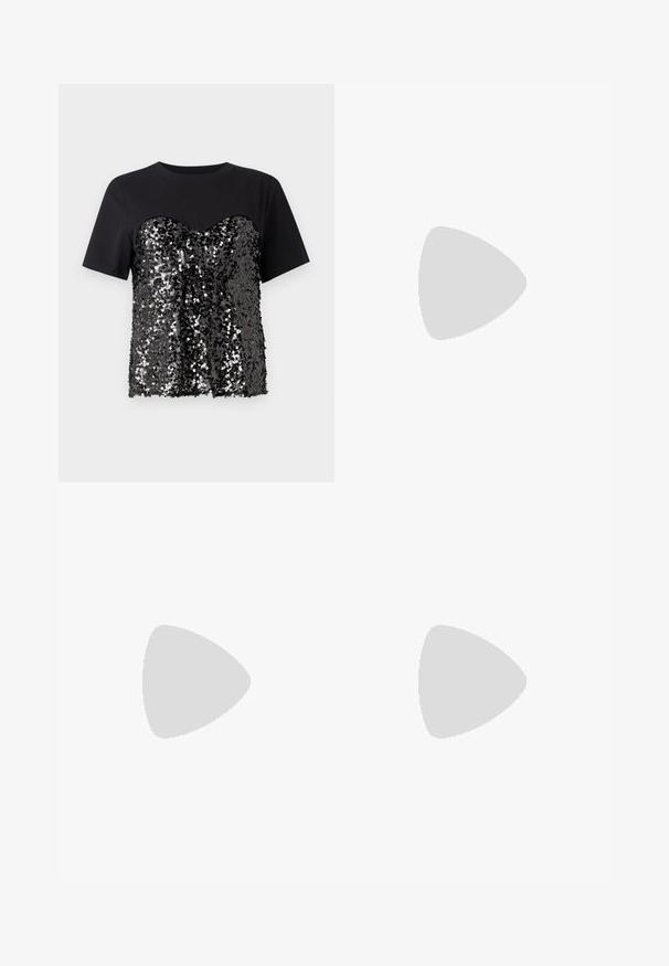 T-shirt preto com um corpete adornado com lantejoulas em forma de coração. A parte superior é lisa, contrastando com a metade inferior texturizada.; Saia de lantejoulas preta com um corte reto, cintura elástica e uma textura suave, adornada com lantejoulas brilhantes de tamanhos variados para criar um contraste visual.; Bailarina preta em pele com bico arredondado, textura suave, detalhe de costura minimalista e design de sola flexível.; Bolsa de couro castanho com fecho de aba, decoração em tom dourado, alça de ombro e textura suave. Formato retangular compacto.