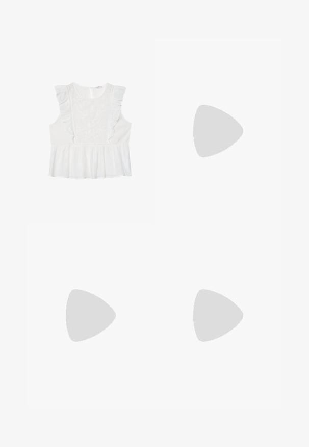 Moves MITI  - Blouse - snow white; White sleeveless top featuring embroidered floral patterns, ruffle accents on shoulders, and a gathered peplum hem. Keyhole back closure.; White tiered skirt with an elastic waistband, featuring a textured smocking detail and a decorative ribbon accent. Cotton fabric.; Beige suede slide-on clogs with a cork footbed, rounded toe, and a simple strap featuring a gold-tone buckle. Rubber sole for grip.; Woven straw tote bag with braided texture, dark brown leather handles and base, wide circular shape, and open top design.