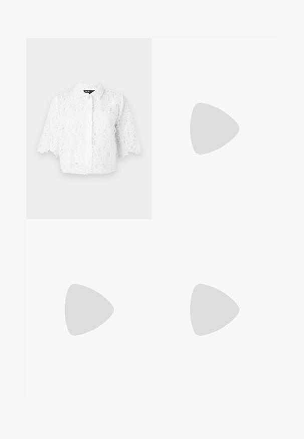 Maje BRIDAL CIBLANCHE - Button-down blouse - blanc; Denim shorts with a light blue hue, featuring decorative pearl and flower embellishments across the fabric and traditional five-pocket design.; Maje High heeled sandals - noir; Black leather handbag with fringe details, gold chain shoulder strap, and a cut-out handle. Features logo placement on the front.