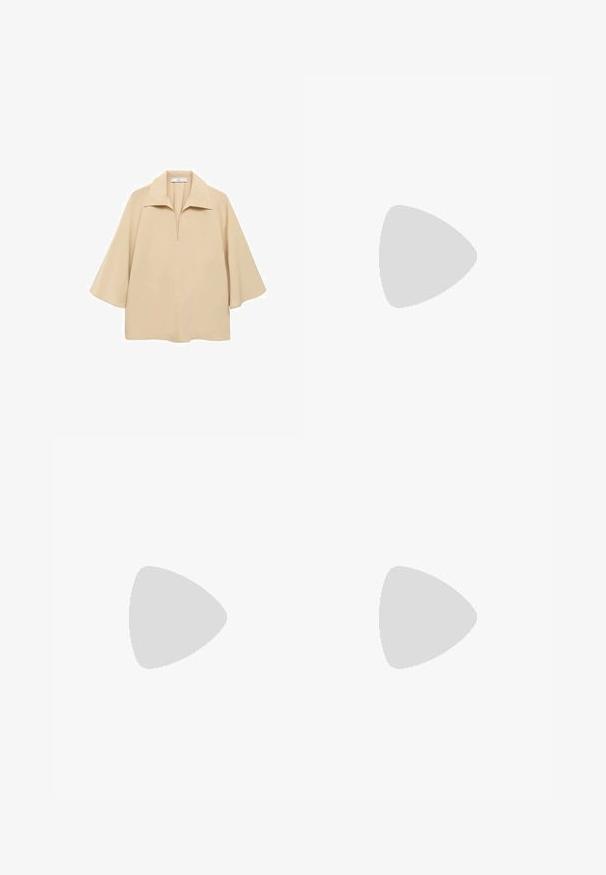 Beige blus gjord av lätt tyg, med en bred krage, halv knäppning och ärmar som når till armbågen med en lös passform.; Vita spetsshorts med en scalloped nederkant och ett intrikat blommönster. Mjuk textur med resårmidja för komfort.; Glansig bordeauxfärgad ankelsko med en kraftig svart klack, som har en slät yta och enkel design. Inga synliga stängningar eller mönster.; Brun läder tote-väska med en slät textur, öppen toppdesign och två axelremmar. Har minimal söm och ingen synlig metalldetalj.