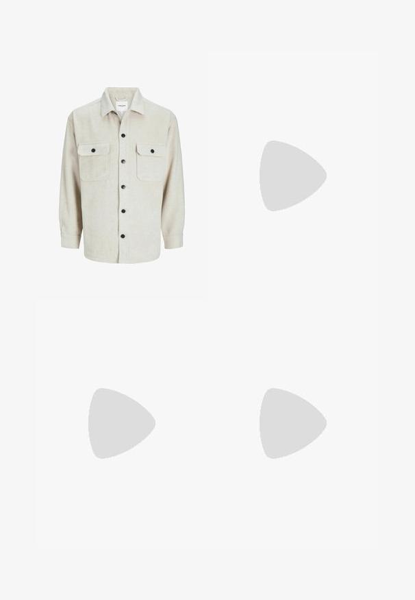 Brown short-sleeve t-shirt made of cotton. Features a classic crew neck and a relaxed fit with smooth texture and no visible embellishments.; Beige flannel shirt with a collared neckline, featuring two chest pockets, black buttons, and long sleeves with buttoned cuffs.; Light olive green pants made of cotton blend fabric, featuring an elastic waistband with drawstring, and two large side pockets.; White leather sneaker with a textured black Swoosh, flat laces, and a rubber sole featuring a ridged pattern. "AIR" is embossed on the heel.