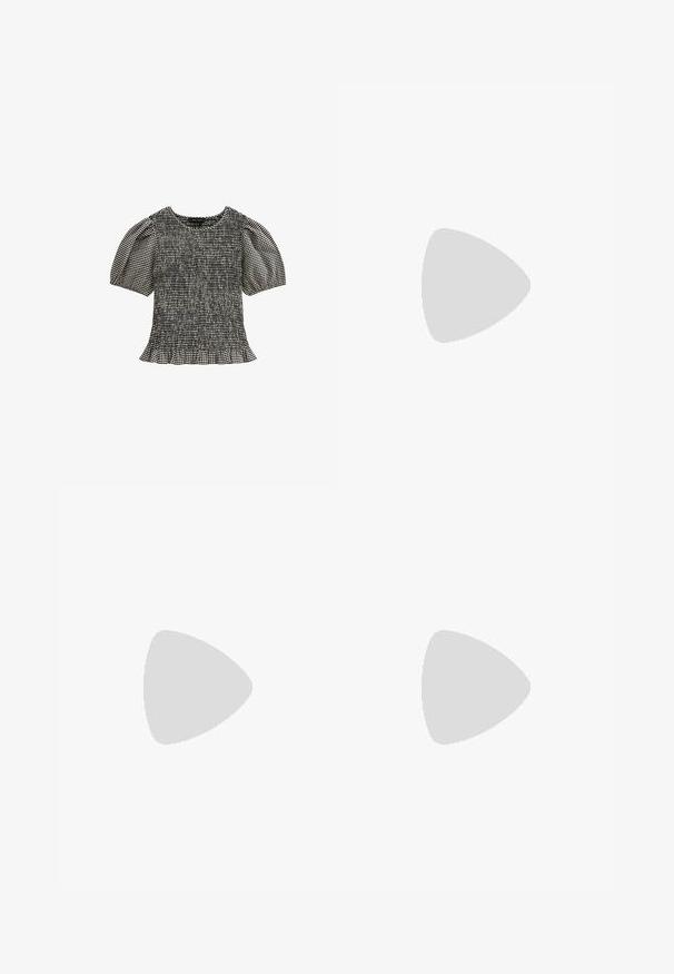 Zwart-wit geruite blouse met een smock-lichaam, korte pofmouwen en een gerimpelde zoom. Gemaakt van lichtgewicht, gestructureerde stof.; Denim shorts met een hoge taille, in een donkerblauwe kleur. Kenmerken zijn de klassieke vijf-pocket stijl, rechte pasvorm en omgeslagen zoom. Van katoen.; Rode mesh ballerina's met een spitse neus, voorzien van een dunne band en een gespdetail. De bovenkant heeft een open honingraatpatroon.; Zonnebril met hoekige zwarte frames op een model in een grijs sweater, waarin een gestructureerde brei te zien is, en een zwart leren jack gedragen door een ander model.