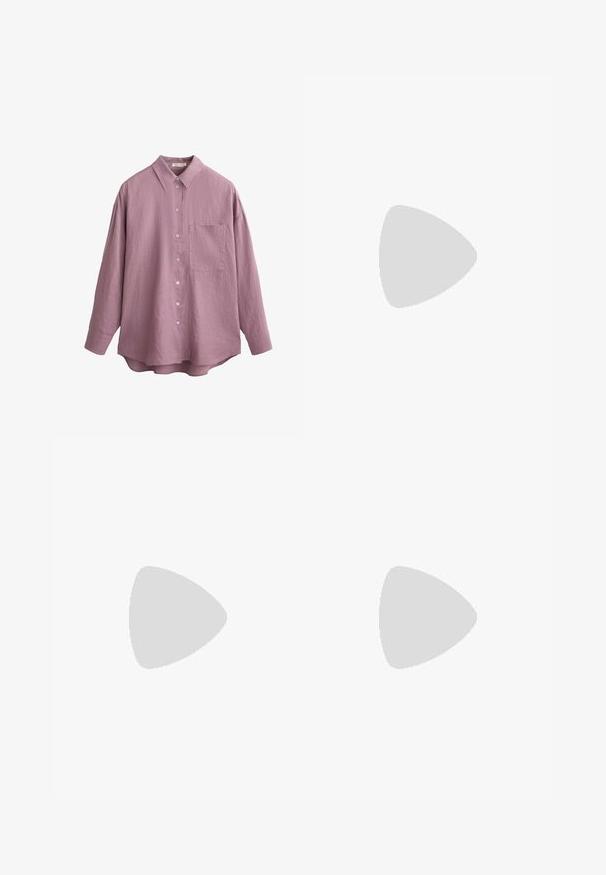 Long-sleeve shirt in light purple fabric, featuring a classic collar, front buttons, and a single chest pocket. Textured finish, relaxed fit.; Short denim skirt design with a printed blue jeans pattern, featuring a white waistband, orange stitching, and side slit details.; Black flip-flop featuring a textured rubber sole, two slender straps, and a subtle, embossed logo detail on the strap.; Woven burgundy leather tote bag with two short handles and a detachable shoulder strap. Features a structured shape and smooth texture.