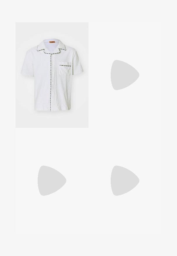 Short-sleeve white shirt with herringbone texture, black piping, and multicolored trim along the collar and pocket. single chest pocket.; White trousers made of cotton, featuring a belted waist, front pleats, and cuffed hems. Smooth texture and a tailored fit.; Black leather men's loafer with a low heel and a classic penny strap design, shown in side profile on a white background.; Brown leather crossbody bag with a structured design, featuring a silver buckle and adjustable strap. Smooth texture with stitched accents.