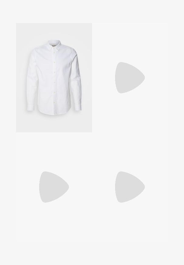 White long-sleeve button-up shirt made of cotton, featuring a structured collar, subtle logo embroidery, and light tan buttons.; Tailored trousers in dark gray fabric with thin vertical stripes; features a button closure and pleated front design.; Black leather loafers with a rounded toe, featuring a stitched design, low platform sole, and a textured, lugged rubber outsole.; Black duffel bag made of textured synthetic material. Features two handles and an adjustable shoulder strap. Simple design with no visible patterns.