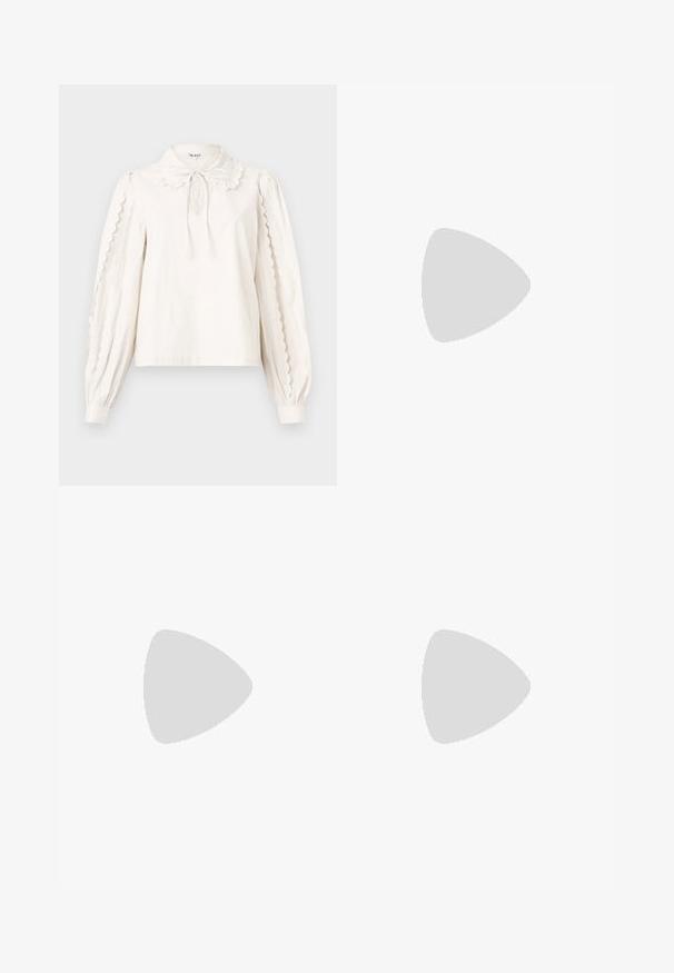 White long-sleeve blouse with scalloped edges on sleeves, a Peter Pan collar with a tied bow, and buttoned cuffs.; Light beige tailored trousers with a straight leg design. Crafted from textured fabric, featuring a flat front and belt loops.; Vagabond JOLIN - Ballet pumps - black; Black leather handbag with a unique fan shape, featuring flat handles. The surface has a pebbled texture and a minimalistic design.