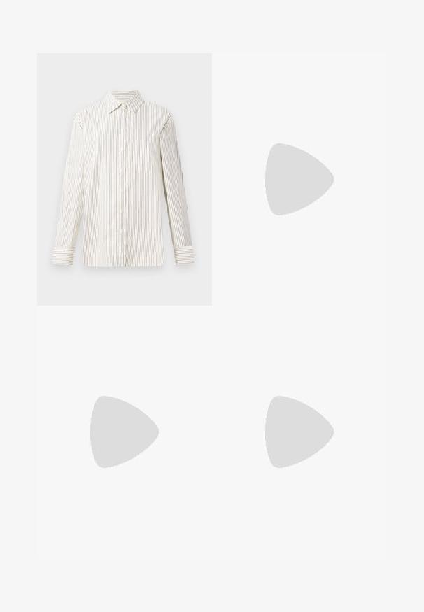 Long-sleeve button-up shirt in cream with thin vertical brown stripes, featuring a classic collar and a single chest pocket.; Long, cream-colored skirt made of lightweight fabric; features an elastic waistband with a tie and a flowing design with minimal texture.; Black leather slingback shoe with pointed toe, small heel, and decorative buckle detail on the upper. Smooth texture, minimalistic design.; Black leather handbag with double handles, gold lock and chain detail, and black-and-white tassel accessory against white background.