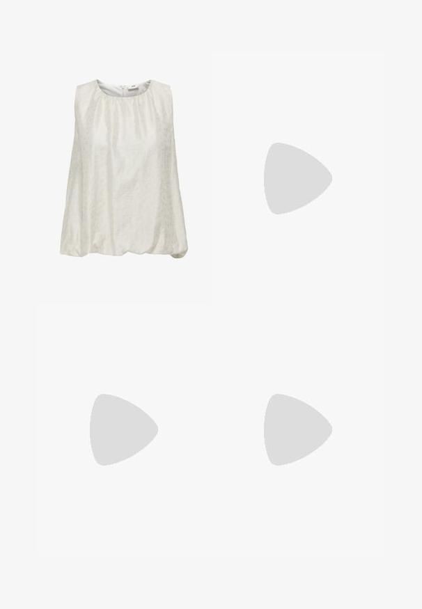 Sleeveless white top with a subtle textured pattern, featuring a rounded neckline and a gathered waist for a relaxed fit.; Patterned wide-leg pants with a burgundy waistband, featuring a geometric design in red, blue, and cream colors, woven fabric texture.; Black leather pointy-toed slingback heels with a low kitten heel and strap around the ankle, paired with light blue jeans.; Cream dress with red polka dots, ruffled sleeves, cinched waist; paired with a small white handbag and strappy nude heels.
