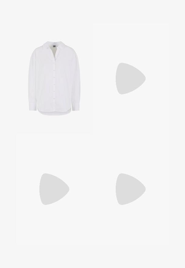 Langermet hvit skjorte laget av bomull med knapper foran, klassisk krage og rund nederkant, med en avslappet passform og uten mønstre.; Grå strikkede sykkelshorts med en tettsittende design og en jevn tekstur, med høy midje og lengde til midten av låret.; Svart lær ankelsko med rund tå, snøring foran og teksturert gummihel. Har en trekkrem bak og forsterket søm.; Sorte firkantede solbriller med mørke linser og blanke sorte stænger. Har et guld cirkulært hardware-design på siden. Glat tekstur generelt.; Grå teksturert håndveske med polstret håndtak, nettingdetaljer, justerbar stropp og en frontlås. Kompakt design med rund form.