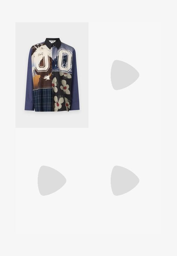 Πολύχρωμο πουκάμισο με κουμπιά που διαθέτει συνδυασμό σχεδίων, συμπεριλαμβανομένων λουλουδάτων και γραφικών εκτυπώσεων, με μαύρο γιακά και μακριά μανίκια.; Τζιν σορτσάκια σε ανοιχτό μπλε χρώμα με φθαρμένα σημεία, κουμπωτή ζώνη, δύο μπροστινές τσέπες και αντίθετη ραφή κατά μήκος των ραφών.; Λευκά sneakers με σουέτ λεπτομέρειες, στρογγυλή μύτη, επίπεδα κορδόνια και κρέμα από καουτσούκ σόλα. Διαθέτει πράσινη επωνυμία στη φτέρνα.; Μαύρη δερμάτινη τσάντα χιαστί με φερμουάρ στην μπροστινή τσέπη, ανάγλυφο λογότυπο και ρυθμιζόμενο λουρί. Λείος υφάσματος με δομημένο σχήμα.