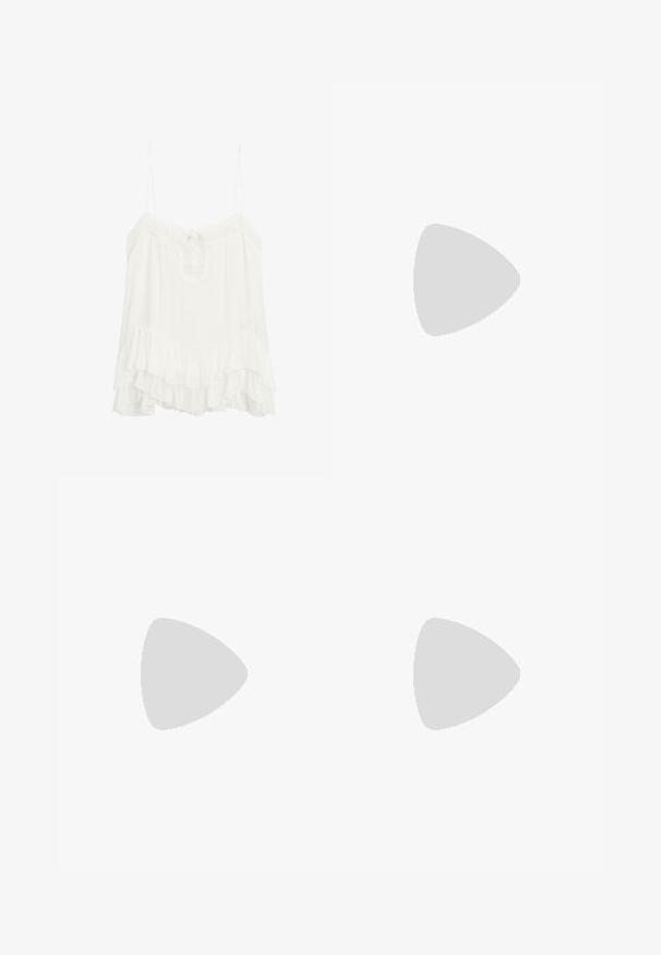 Blusa bianca senza maniche realizzata in tessuto leggero, con scollo a V e un laccio, e un orlo a volant a strati. Spalline regolabili.; Jeans svasati di un blu chiaro realizzati in denim, con un classico design a cinque tasche e chiusura con zip e bottone.; Infradito neri con suola in gomma testurizzata, due cinghie sottili e un sottile dettaglio del logo impresso sulla cinghia.; Occhiali da sole neri oversize con lenti ovali, montatura in plastica liscia e accenti dorati sulle tempie. Le lenti scure offrono protezione dal sole.; Borsa a spalla in tessuto marrone con un corpo ampio e arrotondato e una grande maniglia a taglio. Texture morbida, design minimalista e senza hardware visibile.