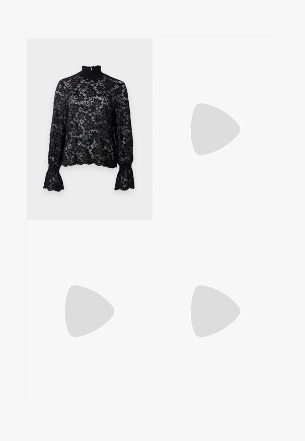 Top in pizzo nero con collo alto, maniche lunghe e polsini svasati. Presenta un motivo floreale e una finitura testurizzata. Leggero e semi-trasparente.; Gonna in corduroy nera caratterizzata da un taglio dritto, chiusura con bottoni, tasche frontali, texture a righe e finitura opaca.; Tacchi slingback in pelle nera con punta affusolata, piccolo tacco kitten e un dettaglio a nodo decorativo sulla parte anteriore. Texture liscia su tutta la superficie.; Borsa a tracolla in ecopelle nera con texture a coccodrillo, apertura cinchata e tracolla arricciata. Si presenta con un design morbido e compatto.