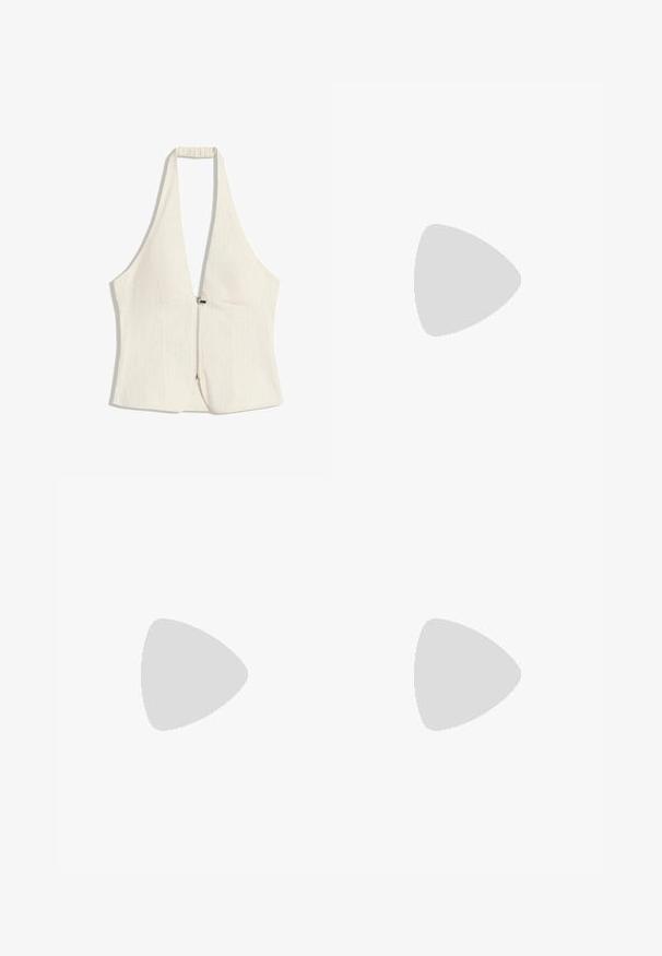 Halterneck topp i ljus beige, med en djup V-ringning och dragkedja fram. Tyget har en subtil textur, med strukturerade paneler och utan ärmar.; Vit midi kjol med elastisk midjeband, slät textur, rak snitt och subtila sidofickdetaljer.; Svarta klacksandaler har en minimalistisk design med tunna remmar, en tåslinga och en låg blockklack. Ytan är slät och glänsande.; Ovalformade röda solglasögon med klara linser och eleganta bruna bågar. Designen har subtila kurvor och minimal hårdvara.; Beige läderhandväska med en slät yta, dubbla rundade handtag och justerbara snörningar på vardera sidan. Utrustad med silverfärgad hårdvara.