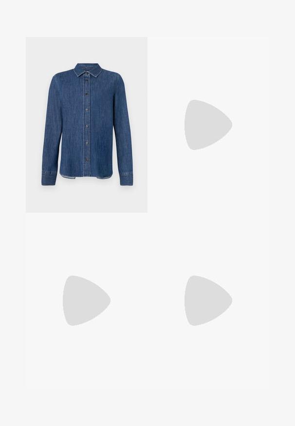 Donkerblauw denim overhemd met lange mouwen, knoopsluiting aan de voorkant, klassieke kraag en zichtbare stiksels. Heeft een rechte zoom met een lichte kromming aan de zijkanten.; Witte spijkerrok met een voorklep, vijf-pocket ontwerp, metalen knop- en ritsluiting, en gestikte zoomdetails.; Zwarte leren ballerina met een ronde neus, gladde textuur, minimale stikdetails en een flexibele zoolontwerp.; Bruine leren handtas met een klep sluiting, gouden hardware, een schouderband en een gladde textuur. Compact rechthoekige vorm.