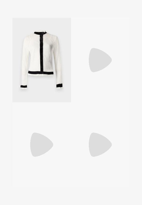 White lace long-sleeve blouse with black velvet collar and button placket; features ruffled edges and a solid black waistband.; The Kooples PANTALON SEUL - Trousers - black; Black leather ballet flat with a rounded toe, smooth texture, minimal stitching detail, and a flexible sole design.; Black leather handbag with a curved shape, featuring a decorative design on the front, a short strap, and gold-tone hardware accents.