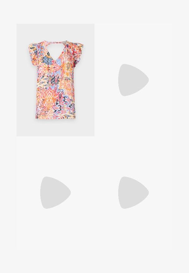 Colorful short-sleeve top with a deep V-neck, featuring a vibrant abstract pattern in pink, orange, blue, and yellow tones.; White wide-leg trousers with an elastic waistband and drawstring. Made of lightweight fabric with a smooth texture. No patterns or accents.; Black leather heeled sandals with an open toe, wide straps, gold buckle accents, and a chunky, textured heel.; Tan leather handbag with a pleated design, adjustable strap, and a rounded shape. Minimalistic branding on the front surface.