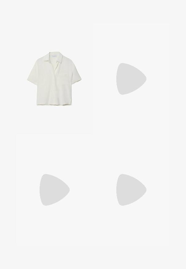 Camicia bianca a maniche corte realizzata in un materiale morbido, con colletto, chiusura a bottoni e una tasca sul petto. Texture liscia, vestibilità comoda.; Mango Gonna lunga - off-white; Stivale da cowboy in pelle bianca con punta a punta e tacco quadrato. Presenta eleganti motivi di cucitura sulla gamba e una texture liscia.; Borsa a spalla nera in materiale sintetico con silhouette curvilinea, finitura testurizzata, logo triangolare dorato e dettagli in metallo removibili.