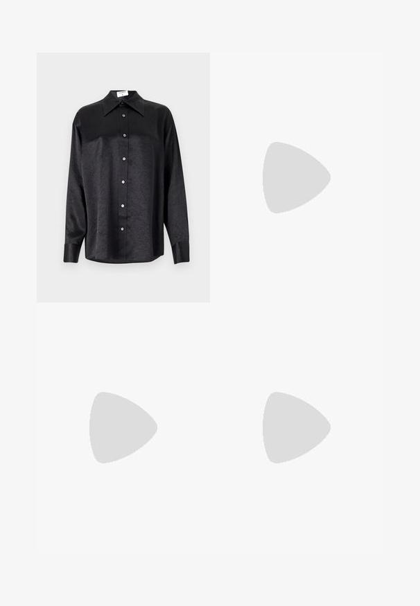 Black long-sleeve shirt with a collared neckline, featuring a crinkled texture, full button front, and cuffs. Made from a smooth fabric.; Black, high-waisted trousers with white pinstripes, featuring pleats, a button closure, and a relaxed fit. Made from smooth material.; Black leather high heel shoe with a pointed toe and a metallic silver cap. Features a smooth finish and a slender 10 cm heel.; Black leather crossbody bag with two front pockets, gold buckles, zipper closure, and a slim strap. Textured surface and compact rectangular shape.