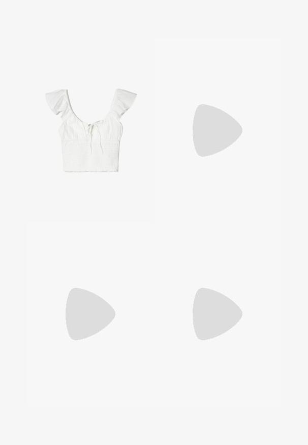Bílý crop top s krátkými volánkovými rukávy, čtvercovým výstřihem a detailem na zavazování vpředu. Materiál je měkký s texturovaným smockingovým povrchem.; Světle žluté džíny šortky s vysokým pasem, se smyčkami na opasek, předním zapínáním na knoflík a bočními kapsami. Hladký materiál a rovný střih.; Bílé sportovní boty s modrými akcenty, se třemi pruhy, nubukovou špičkou a gumovou podrážkou. Text říká "adidas TOKYO."; Bílá látková taška s trojúhelníkovým tvarem, která má detaily ve formě okének a uvázanou mašlí na vrchu. Hladký povrch po celé ploše.