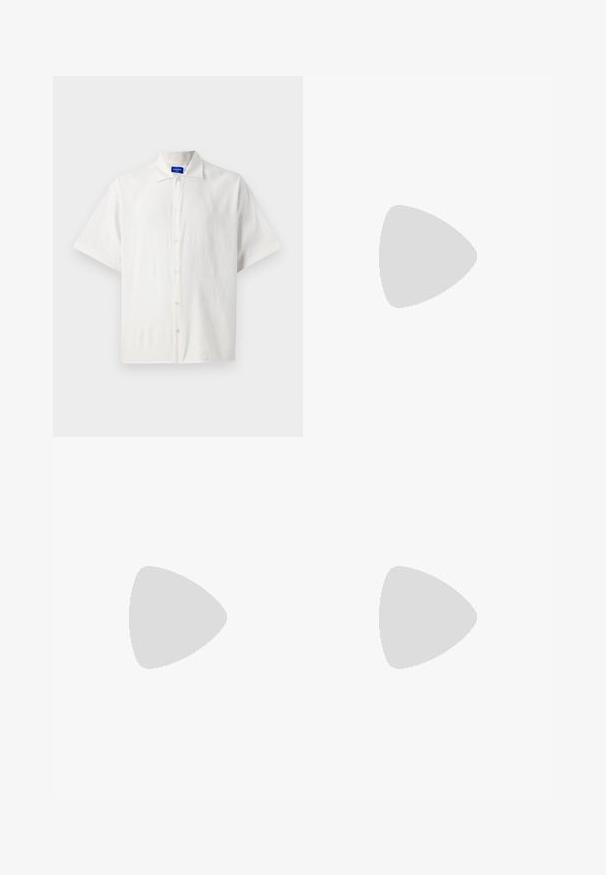 Short-sleeve, white button-up shirt, made of lightweight fabric, featuring a classic collar and subtle texture. Buttons are evenly placed.; Black denim pants featuring a straight-leg cut, five-pocket design, and a front button closure. Smooth texture with minimal stitching details.; Brown leather loafer with a rounded toe, decorative stitching, and a small, flat heel. Smooth texture with understated design elements.; Black sunglasses with a rectangular shape, dark lenses, silver accents at the temples, and a matte finish on the frame.; Set of five silver rings featuring various designs: a smooth band, twisted pattern, braided texture, and two with cutout accents.