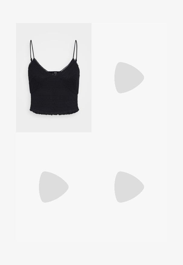 Camiseta de encaje negro con tirantes finos ajustables, que presenta patrones texturizados y un dobladillo con forma de ondas. Tela semitranslúcida con un diseño ajustado.; Pantalones de pierna ancha con un patrón geométrico en blanco y negro. Presentan una cintura con cordón, tejido ligero y una silueta fluida.; Zapato plano negro con punta redondeada, que cuenta con un panel lateral de malla y una correa con hebilla. Punta y talón de cuero liso.; Pendientes de aro de plata con un acabado liso y pulido. Forma redonda y cierre de click seguro. Diseño ligero adecuado para el uso diario.