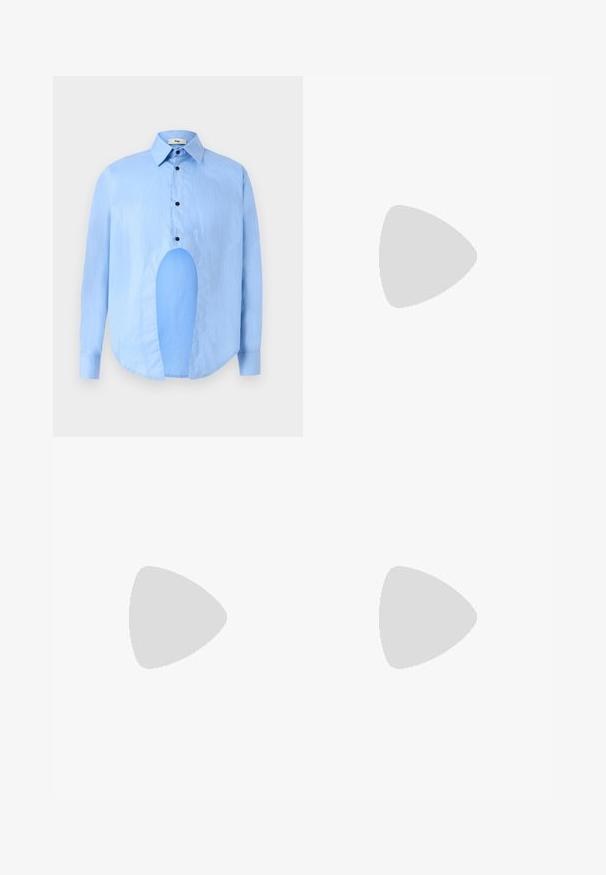 Light blue long-sleeve shirt with a pointed collar, black buttons, and a unique cutout in the front for distinctive design.; Dark brown, textured trousers with a loose fit, featuring a belted waist and a tag attached via a metal loop. Flat front and straight legs.; Black leather loafers with a smooth texture, rounded toe, and a decorative strap across the vamp. Low stacked heel, minimalist design.; Black canvas tote bag with black leather handles. Simple design, spacious body, and a smooth texture. No visible logos or patterns.