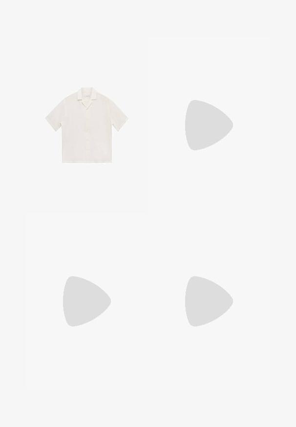 Vit bomullst-shirt med kort ärm, rund hals och en slät textur. Har minimal logotyp vid halsringningen.; Mango Skjorta - white; Ljusbeige tyg med en jämn textur och ett subtilt vävt mönster. Ytan visar fina, jämna korn som förbättrar dess naturliga utseende.; Ljust beige loafer-skor med spetsig tå, slätt material, ett band över framfoten och en låg brun sula. Enkelt design med minimala dekorationer.