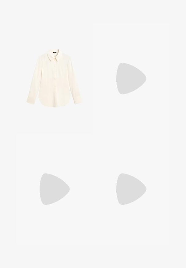 Long-sleeve, ivory blouse with a point collar, front button closure, and a slightly curved hem. Made from smooth, lightweight fabric.; Satin midi skirt in a mauve color, smooth texture, slightly flared hem, with a simple design and no visible fastenings or embellishments.; Black mesh mule with pointed toe, thin straps, and 3-inch stiletto heel. Features sheer texture and a solid tonal sole.; Dark brown leather tote bag with two sturdy handles, a cinched top, and a gold-tone button closure. Textured surface with minimal accents.