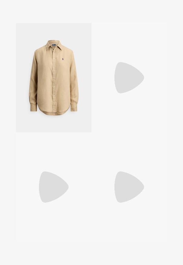 Chemise beige à manches longues avec boutons, col pointu et petit logo brodé bleu marine sur la poitrine gauche.; Jupe beige ajustée avec une texture lisse et des lignes épurées. Elle présente une taille mi-haute et une silhouette droite. Pas de fermetures ni d'ornements visibles.; Bottines Mary Jane en cuir verni beige avec un bout imitation, une sangle à boucle et un talon bloc de hauteur intermédiaire. Texture lisse avec une finition brillante.; Sac à main en cuir tan avec une forme incurvée, quincaillerie dorée et une fine bandoulière. Présente une fermeture éclair et un détail de logo à l'avant.