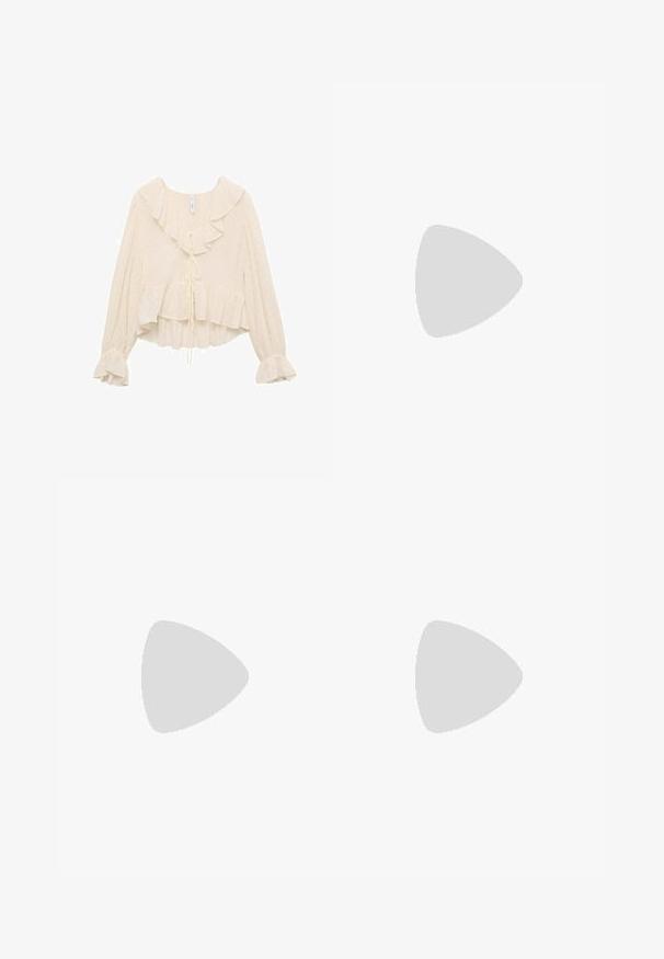 Cream-colored blouse with a ruffled neckline, long sleeves with flared cuffs, and a tiered hem. Fabric features subtle polka dots.; Black wide-leg trousers with a high waist, featuring front pleats, a smooth texture, and a fitted waistband. No visible pockets.; Black leather ballet flat, pointed toe, minimalistic design, smooth texture, low-profile heel, no visible hardware or embellishments.; Black leather crossbody bag featuring a smooth texture, rectangular shape, and a metallic chain detail on the front. Adjustable strap included.