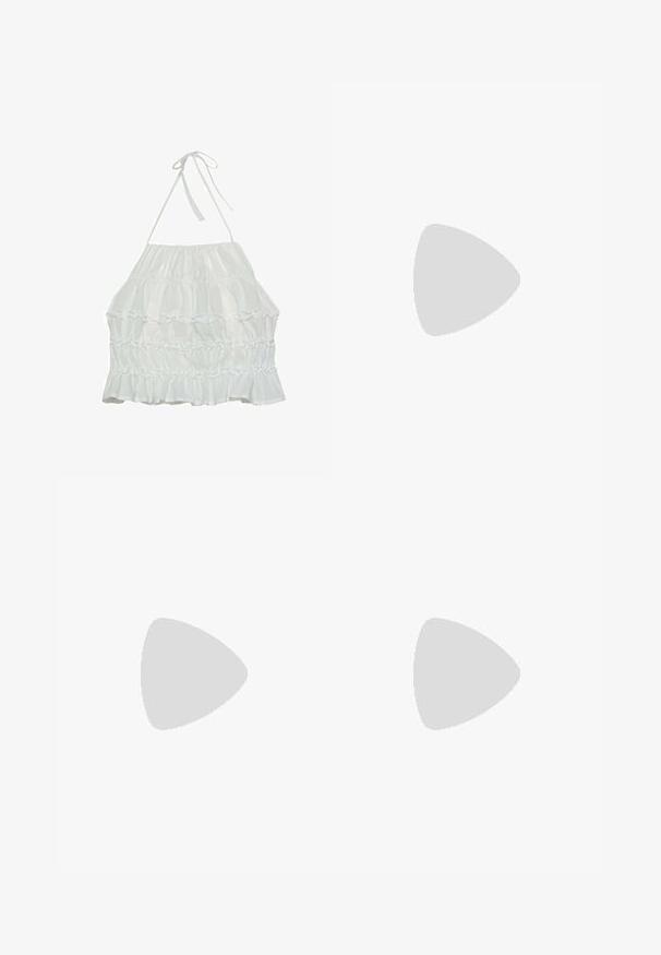 Haut halter blanc avec volants en couches, détails froncés et liens ajustables au cou, fabriqué en matériau léger.; Jupe midi blanche avec un ourlet évasé, ornée de fines rayures horizontales noires et d'une fermeture éclair à l'arrière.; Escarpin à bout pointu, de couleur crème, avec un talon carré. Il est doté d'une fine lanière de cheville avec une boucle ronde et d'une texture en cuir lisse.; Lunettes de soleil avec une monture en plastique beige, de forme ovale fine, verres marron et petit logo sur la branche. Texture lisse sur l'ensemble.