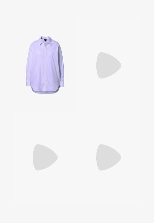 Camisa blanca de manga larga hecha de tela suave, con cierre de botones en el frente, cuello clásico y aberturas laterales en el dobladillo para facilitar el movimiento.; Falda plisada de tela lavanda clara. Presenta una cinturilla alta, diseño hasta la rodilla y una superficie texturizada con líneas verticales.; Mocasines sintéticos dorados con un acabado texturizado, punta redonda y una tira decorativa. Presentan un bajo tacón negro y detalles de costura.; Pendientes de aro de oro con una superficie suave y pulida y forma redondeada. El borde interior presenta un sutil detalle en forma de hendidura para el cierre.