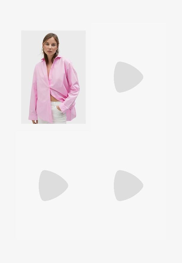 Camisa rosa de botones con mangas largas, con un ajuste ligeramente oversize, cuello y bolsillo frontal, combinada con pantalones blancos. Textura suave.; Shorts de algodón beige con un diseño ajustado, que presentan un cierre de botón, plisados en la parte frontal y un dobladillo enrollado para mayor detalle y estructura.; Mules de imitación de cuero amarillas con punta afilada, talón abierto y un pequeño tacón cuadrado. Cuenta con un lazo decorativo en la parte frontal.; Gafas de sol verde oliva con un marco dorado delgado y brazos acentuados en azul. Lentes ovaladas y diseño minimalista.; Bolso de paja redondo con asas de cuero marrón y correa desmontable. Presenta un adorno de hoja verde y dos frutas de ganchillo amarillas.