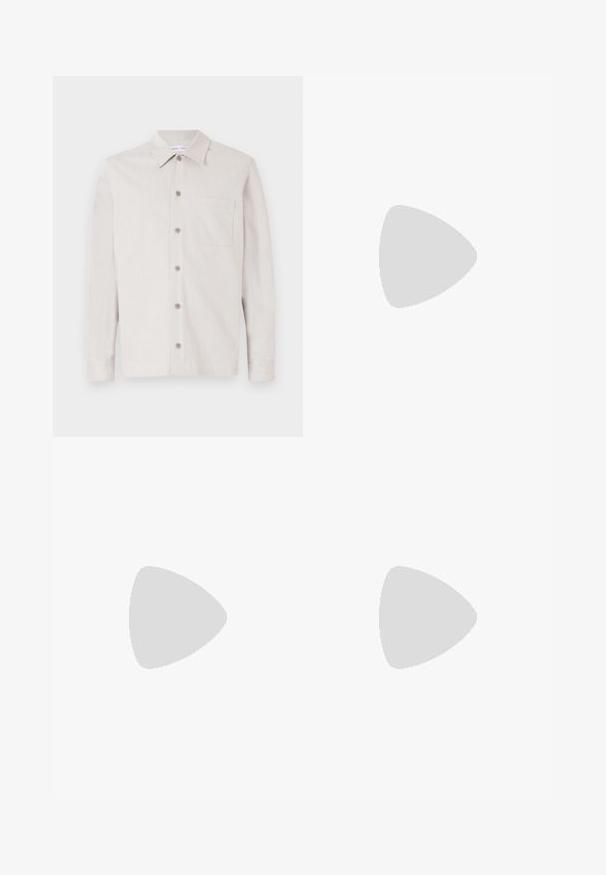 Light beige button-up shirt with a collar, long sleeves, a chest pocket, and textured fabric. Features six buttons down the front.; Dark gray denim jeans with a straight-leg design, five pockets, and a button-and-zip fly. The fabric features subtle fading and stitching.; Black leather dress shoe with a rounded toe, smooth surface, lace accents, and a low, textured rubber sole. Clean lines and minimal design.; Black tote bag made of canvas, featuring a white yin-yang heart graphic. Two sturdy handles for easy carrying. Simple rectangular design.