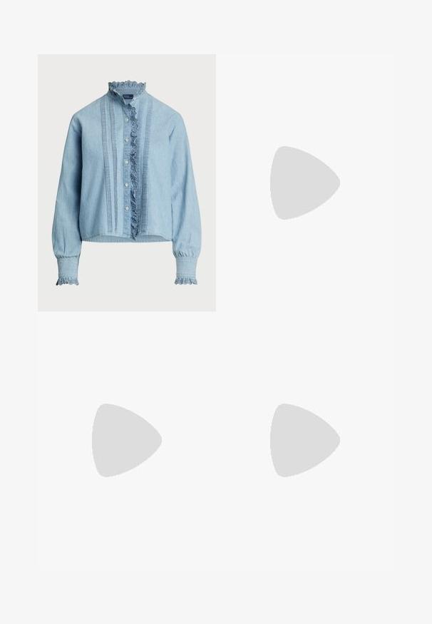 Light blue button-up shirt made of soft cotton. Features lace trim at the collar and cuffs, with vertical pleats down the front.; Wide-leg jeans in off-white denim. High-waisted design with a button closure, two front pockets, and contrast stitching details.; Brown suede loafers with a stitched seam, flat sole, and a rounded toe. Simple design featuring a small decorative band across the front.; Navy suede handbag with a structured shape, dual top handles, and a long, adjustable strap. Features contrasting stitching and a side tag.