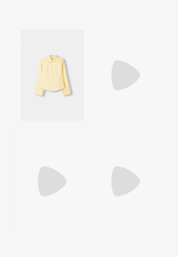 Chemise à rayures jaunes avec manches longues, col pointu et fermeture à boutons sur le devant. Présente des rayures verticales bleues et une coupe ajustée.; Jean brown à jambes larges en denim, doté d'une taille haute, de poches avant et d'une fermeture à bouton classique. Texture lisse avec des coutures subtiles.; Escarpins slingback en cuir rouge avec un bout carré, de fines lanières et un accent floral texturé à l'avant. Le talon aiguille mesure environ 6 cm.; Sac à main en cuir bordeaux au design doux et froncé, avec une forme arrondie. La poignée est fixée, mettant en valeur une texture lisse.