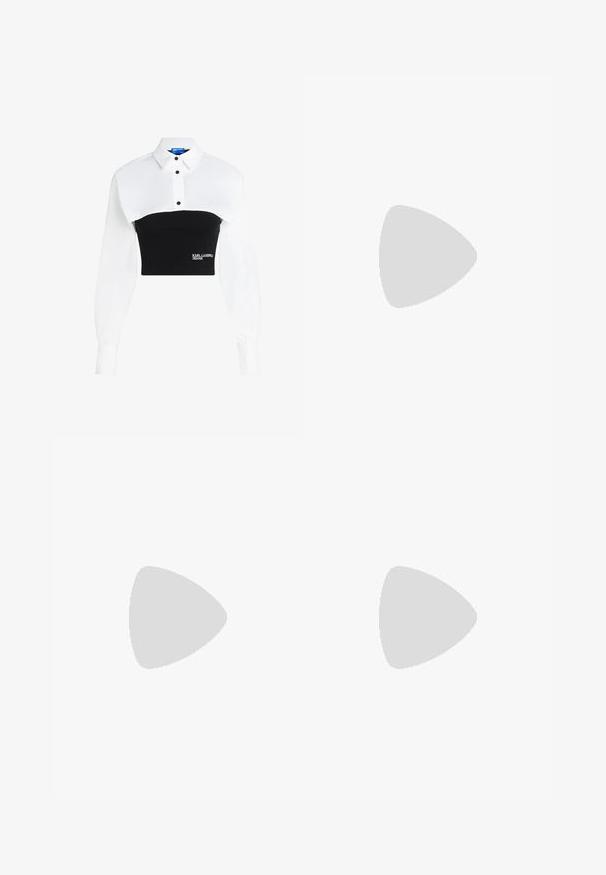 Camicetta cropped con colletto bianco e parte inferiore nera aderente, con dettagli a bottoni e logo "KARL LAGERFELD JEANS" sul davanti.; Gonna lunga bianca realizzata in tessuto leggero, con chiusura a bottoni sul davanti, orlo ampio e colletto strutturato. Texture liscia senza alcun motivo visibile.; Scarpe slingback nere in pelle con punta affilata, tacco sottile e dettaglio decorativo a fibbia sulla tomaia. Texture liscia e design elegante.; Borsa a mano in pelle beige con una forma triangolare strutturata, dotata di un manico in catena argentata e di un logo in metallo scritto in corsivo.